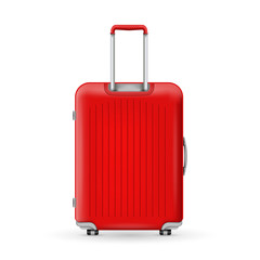 Creative vector illustration of realistic large polycarbonate travel plastic suitcase with wheels isolated on transparent background. Art design traveler luggage. Abstract concept graphic element