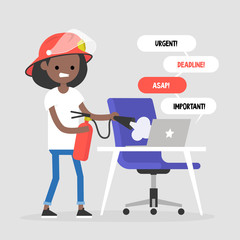 Troubleshooting, conceptual illustration. Young black girl trying to extinguish a fire on her workplace / flat editable vector illustration, clip art