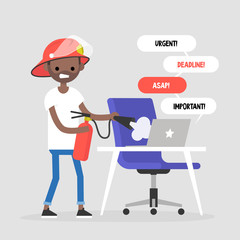 Troubleshooting, conceptual illustration. Young black character trying to extinguish a fire on his workplace / flat editable vector illustration, clip art