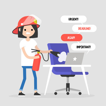 Troubleshooting, conceptual illustration. Young female character trying to extinguish a fire on her workplace / flat editable vector illustration, clip art