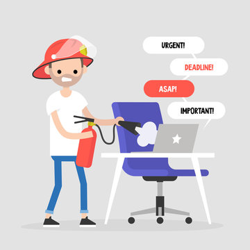 Troubleshooting, conceptual illustration. Young character trying to extinguish a fire on his workplace / flat editable vector illustration, clip art