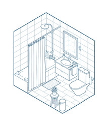 Isometric illustration of bathroom. Hand drawn interior view.