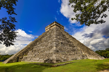 Mexico. Chichen Itza. South-East view of El Castillo (The Castle, also known as the Temple of Kukulcan; on UNESCO World Heritage Site)