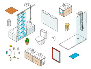 Set of isometric bathroom elements including shower, bathtube, mirror, washbasin
