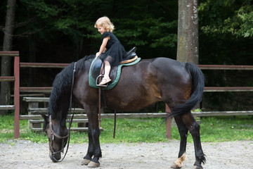 Child smile in rider saddle on animal back