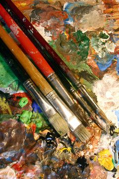 Oil paints and paint brushes