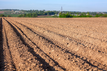 The plowed field at spring season, brown earth with seed furrows