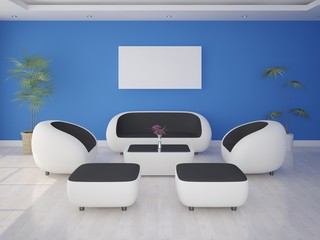 Mock up a modern living room with hi-tech furniture and a stylish background.