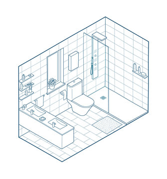 Isometric illustration of bathroom. Hand drawn interior view.