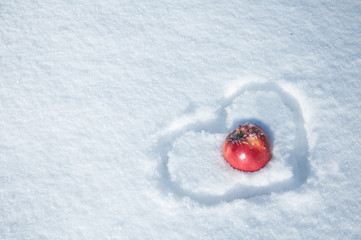 red apple in snow, painted heart, winter background