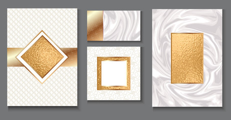 Brochure or vip packaging design set, luxury wrap paper template or background in trendy geometric style, with marble texture, gold metal, frame, vector fashion wallpaper, poster, gift box