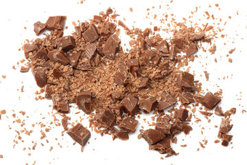 milk chocolate shavings isolated on white background top view