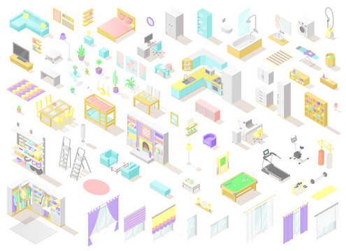 Vector big set of low poly isometric furniture and decoration for home interiors.: living room, bedroom, kids room, bath, kithen, laundry and other in pastel colors