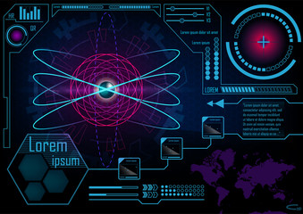 HUD GUI Radar monitor screen. Futuristic game technology outer space background. User interface world map, Atom infographic template.  Vector.