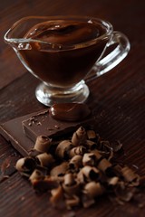 Delicious hot chocolate in glass on a brown background