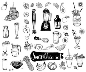 Set of hand drawn sketch style smoothie with fruits, vegetables and kitchenware. Isolated vector illustration.