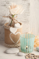 mint candle holder, rose, bottle