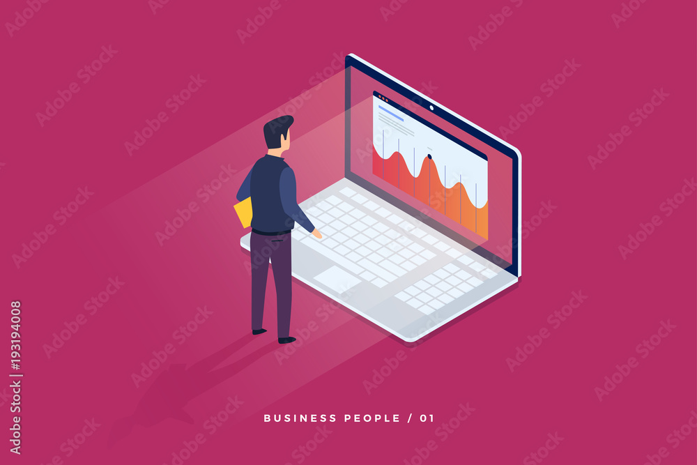 Aufkleber concept of digital technology. businessman standing in front of laptop and looks at growth statistic