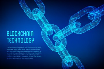 Block chain. Crypto currency. Blockchain concept. 3D wireframe chain with digital blocks. Editable cryptocurrency template. Stock vector illustration.