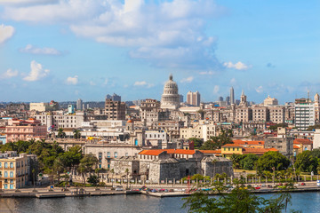 Fototapeta na wymiar Cuba, close up view of the Old Havana city with historical buildings and monuments from Morro Castle.