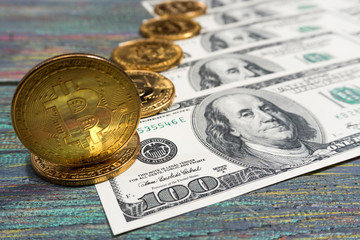 Bitcoin golden coin New virtual money and dollar background
