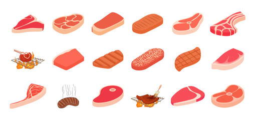 Steak icon set, cartoon style