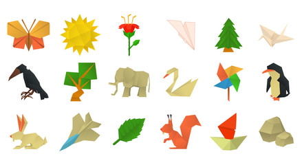 Origami icon set, cartoon style