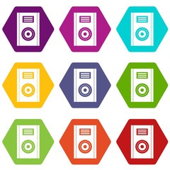 Music speaker icon set color hexahedron