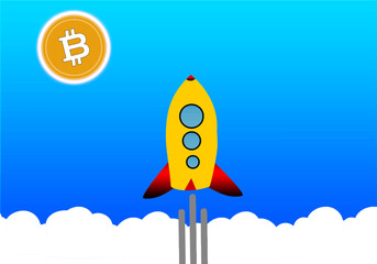 Cohete viajando al planeta bitcoin ilustración