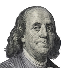 Benjamin Franklin. Qualitative portrait from 100 dollars banknote  Clipping path included - obrazy, fototapety, plakaty