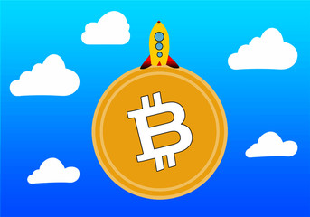 Cohete aterrizando en el planeta bitcoin ilustración