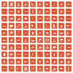 100 water icons set grunge orange