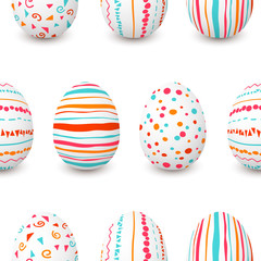 Set of white Easter eggs seamless pattern. simple pink, orange, red, blue stripes, patterns points, confetti, waves