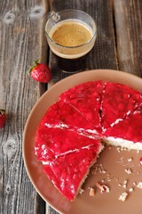 Fresh strawberry pie and coffee on the table 