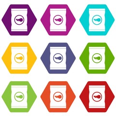 Chips plastic bag icon set color hexahedron