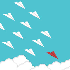 Fototapeta premium Leadership concept. One red leader plane leads other white planes forward. Red and white paper planes. Teamwork, leadership, success motivation business concept. Leadership concept Vector illustration