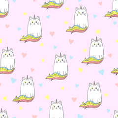 Cute rainbow cat unicorn seamless pattern. Vector background for kids design.