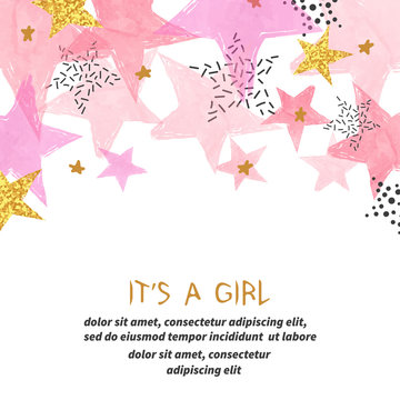 Baby Shower Girl Card Design With Abstract Watercolor Pink And Glittering Golden Stars.