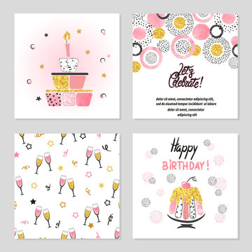 Happy Birthday cards set in pink and golden colors. Celebration vector illustrations with birthday cake, champagne glasses.