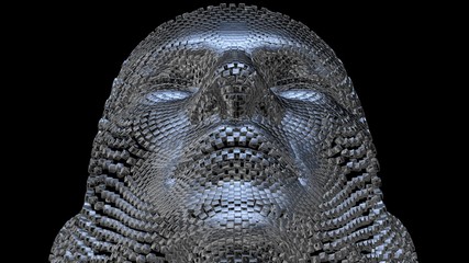 Face made of shiny metal cubes. Looking Up.3d render