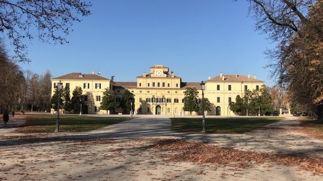 Ducal Palace of the Garden of Parma in Italy in winter with blue sky and sun.