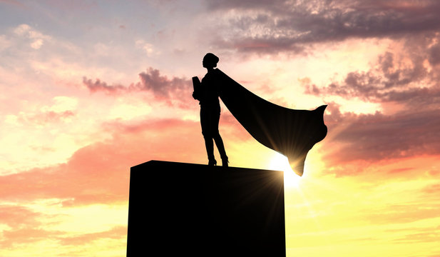 Silhouette of a superhero business woman wearing a cape against a bright sky. 3D Rendering