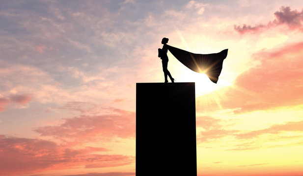 Silhouette of a superhero business woman wearing a cape against a bright sky. 3D Rendering