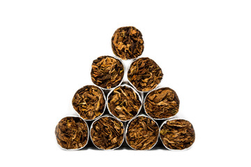 Pyramid of cigarettes at white background