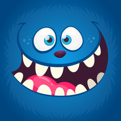 Angry funny cartoon monster face with a big mouth. Vector Halloween blue monster illustration