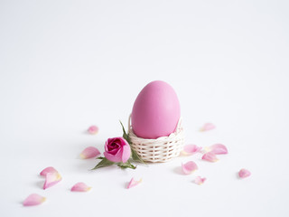 Easter greeting card with Easter egg and petals of pink roses on white background with copy space.