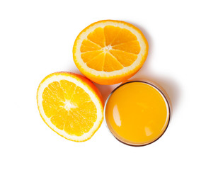Orange juice glass and orange slices on a white background