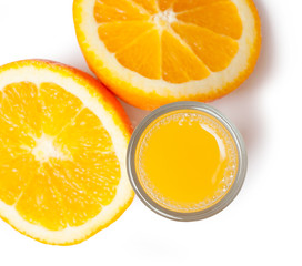 Orange juice glass and orange slices on a white background