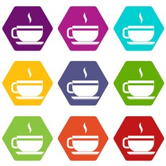 Tea cup and saucer icon set color hexahedron