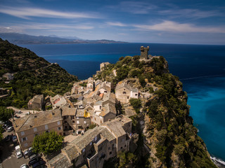 Aerial view of the beautiful village of Nonza, in Cap Corse, Corsica, France